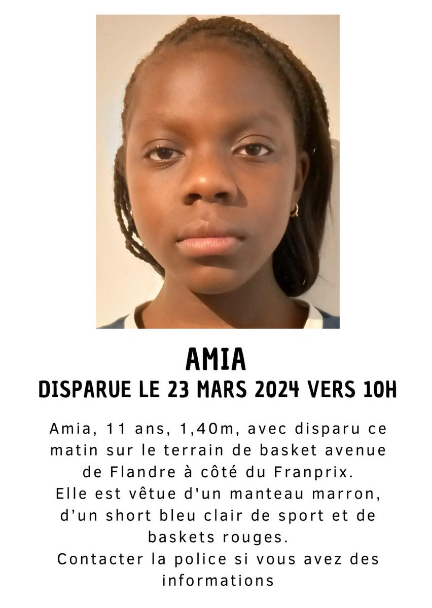 Une camarade du club de basket de ma fille a disparu depuis ce matin. Faites tourner s'il vous plaît pour aider sa famille. Merci beaucoup.