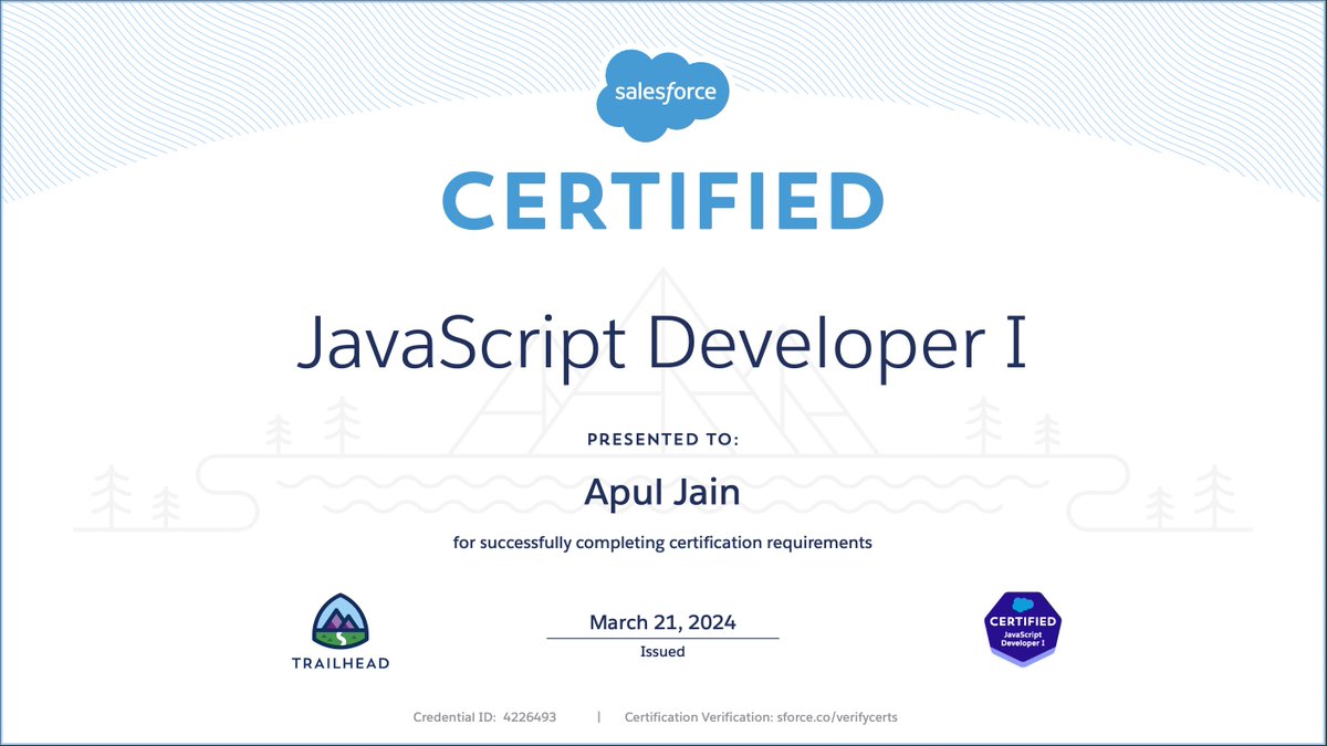 apuljain5's tweet photo. 🎉 Excited to share that I've earned my JavaScript Developer 1 certificate! Big thanks to @Accenture for the opportunity. Grateful to @salesforce and @trailhead for the incredible platform, and Salesforce Troop, for the invaluable content that made learning JS a breeze! 🚀 https://t.co/o2gBRTxpZw