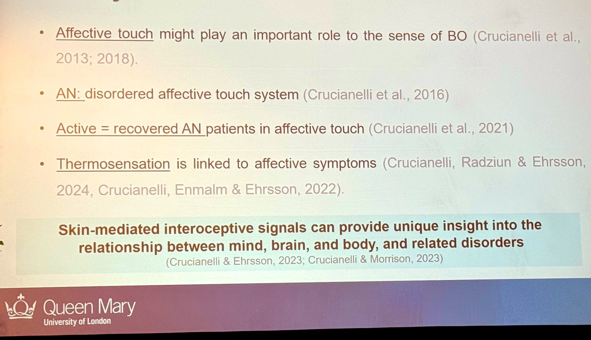 #Aps2024uk 
Affective touch is important in the body-brain link, anorexia nervous patients not as responsive to affective touch.These data can help explain affective symptoms for those with mental health disorders (or those at risk)