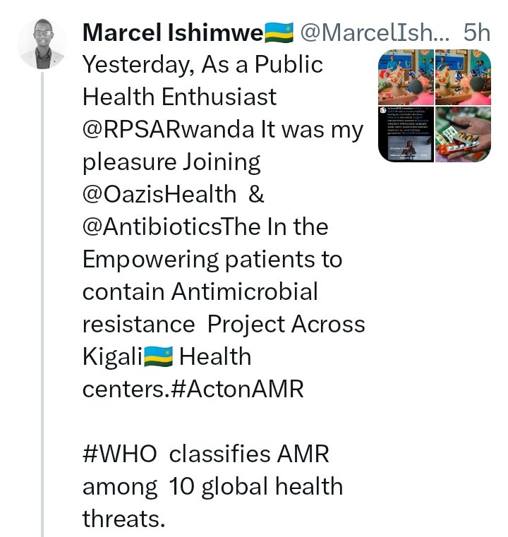 @MarcelIshimwe1 @RPSARwanda @OazisHealth @AntibioticsThe @WHORwanda @gardp_amr @Actonamr_founda @onehealth_AMR @nsanzimanasabin @SylvestreIradu1 @BisonMbG @MSHHealthImpact @SwissTPH @EricMugabo03 Dear @MarcelIshimwe1 
Your #hardwork towards empowering patients to contain @Antimicrobial_resistance means a lot ,and will reduce the number of diseases in #Rwandan population.