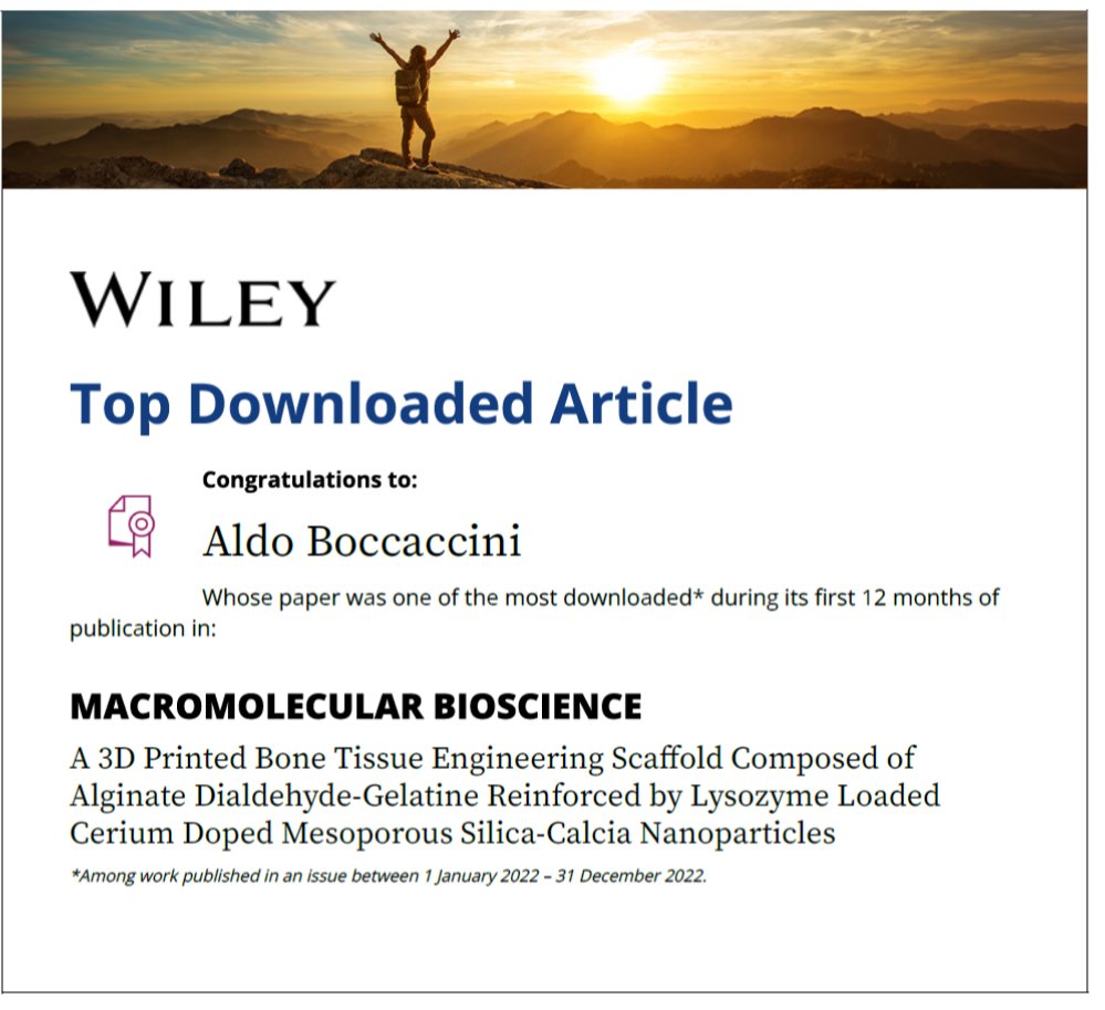 This is our @Boccaccini_Lab #OpenAccess paper mentioned: A 3D Printed Bone Tissue Engineering Scaffold Composed of Alginate Dialdehyde‐Gelatine Reinforced by Lysozyme Loaded Cerium Doped Mesoporous Silica‐Calcia Nanoparticles, 1st author: Mahshid Monavari➡️onlinelibrary.wiley.com/doi/10.1002/ma…
