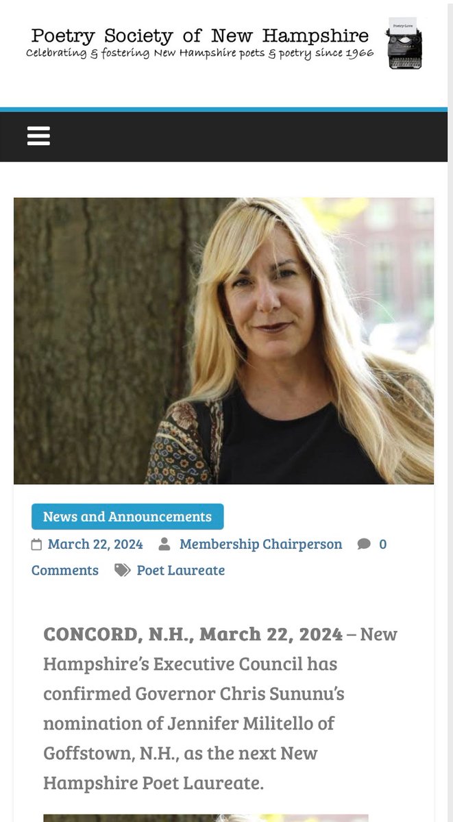 Jennifer Militello (@jenifrmilitello) on Twitter photo #newhampshire has a new #poetlaureate ! grateful to @PoetrySocietyNH <a href="/NHArtsCouncil/">NH Arts Council</a> & @nhwritersproj & looking forward to celebrating #poetry & #poets in nh! ๐๐๐ #newhampshire has a new #poetlaureate ! grateful to @PoetrySocietyNH <a href="/NHArtsCouncil/">NH Arts Council</a> & @nhwritersproj & looking forward to celebrating #poetry & #poets in nh! ๐๐๐