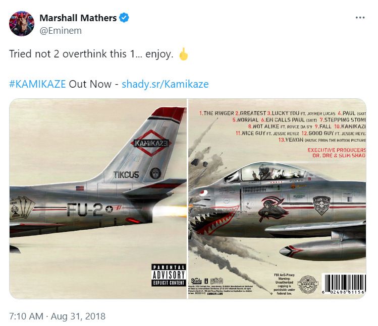 ShadyTimes's tweet photo. when Eminem dropped Kamikaze completely out of nowhere, pressed play and heard 'The Ringer' for the first time it was OVER 💀
He really broke the internet with this one no cap https://t.co/2kBPtEX2mk