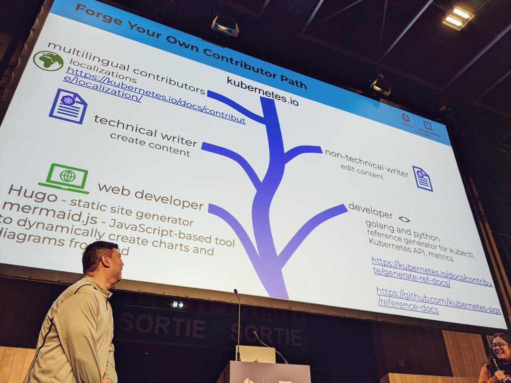 team #sigdocs at #KubeConEU with our best attended maintainer track talk yet! i'm continually inspired and honoured to work alongside divya and rey, thanks for being the best co-chairs with me ❤️