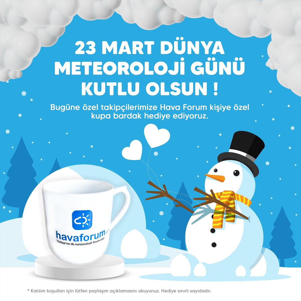 23 Mart Dünya Meteoroloji Günü Kutlu Olsun ! Bugüne özel takipçilerimize Hava Forum kişiye özel bardak hediye edeceğiz. 

Yapman gereken çok basit; 👇🏻
1 ▶️ En çok sevdiğin mevsimi yaz,
2 ▶️ Bu tweeti beğen.
3 ▶️ Ve bizi takip et 🙂.

#23MartDünyaMeteorolojiGünü