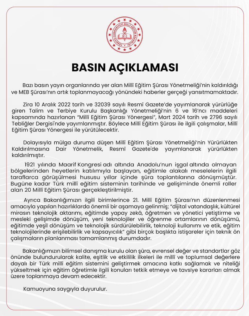 Millî Eğitim Şûrası'nın Artık Toplanmayacağı Yönündeki Haberlere İlişkin Basın Açıklaması 👉🏻 meb.ai/Ue8I35w