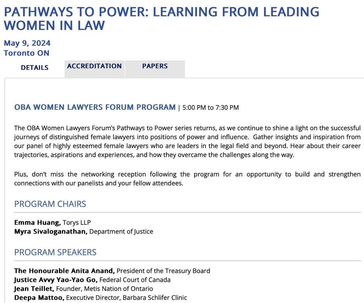 The #OBA_WLF's Pathways to Power series returns on May 9 with Learning from Leading Women in Law! #CBA_WLF @OBAlawyers cbapd.org/details_en.asp…