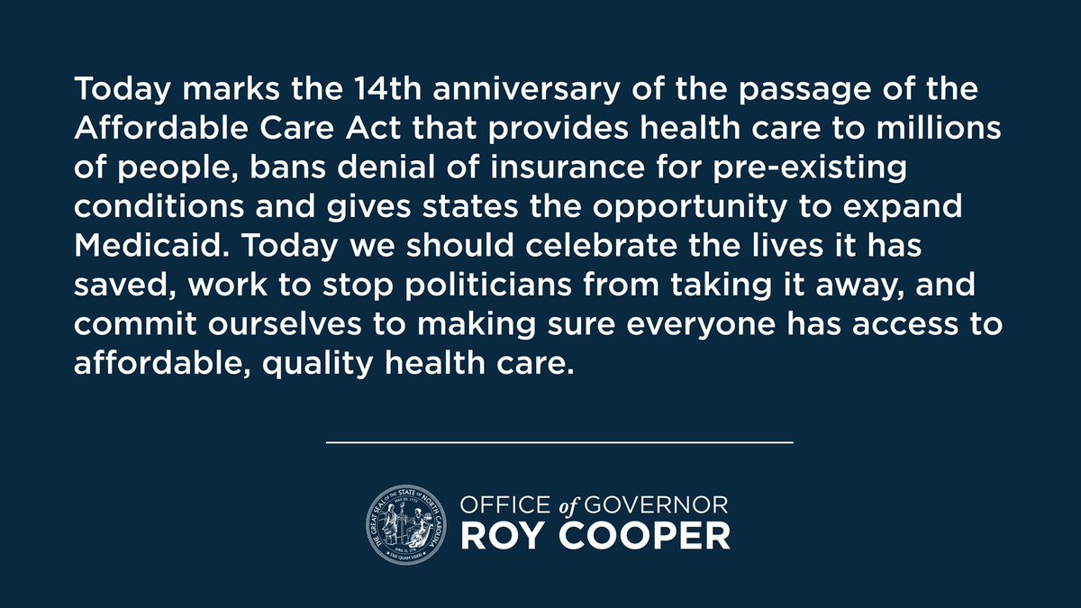 Gov. Cooper statement on the 14th anniversary of the passage of the Affordable Care Act: