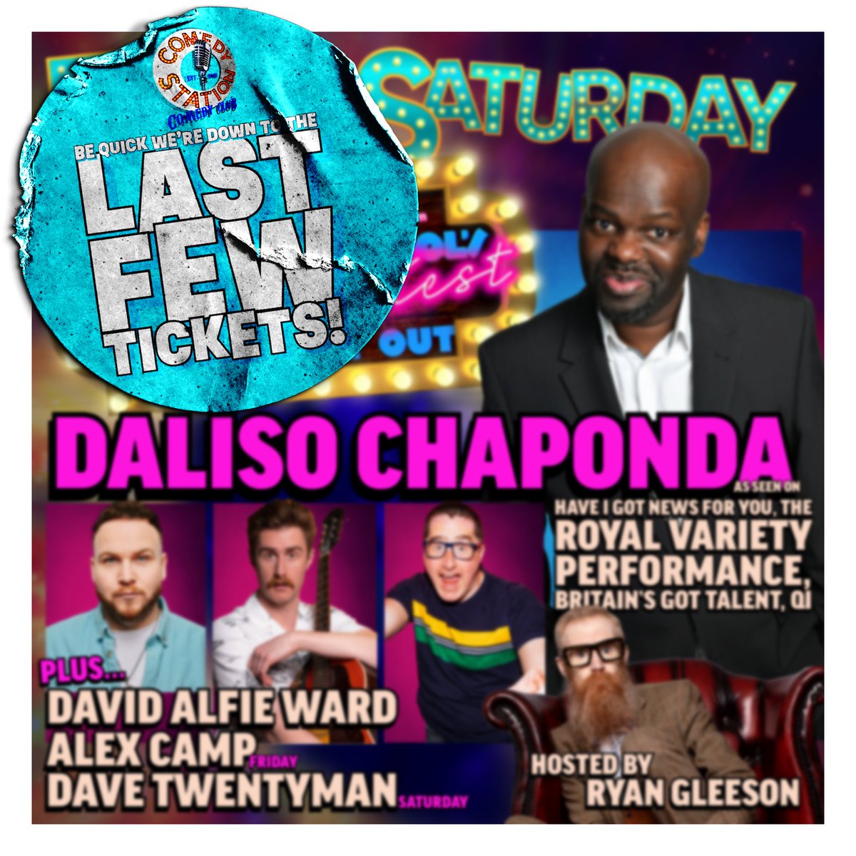 Better be quick, if you’ve not booked for tonight, Blackpool! Last chance to see Daliso Chaponda, David Alfie Ward, Dave Twentyman & Ryan Gleeson & it’s filling up fast! Tix & info: 💻blackpoolcomedyclub.com ☎️01253 381381 🎟️Bank Hey St., BPL, FY1 4RU (Opposite the Tower)