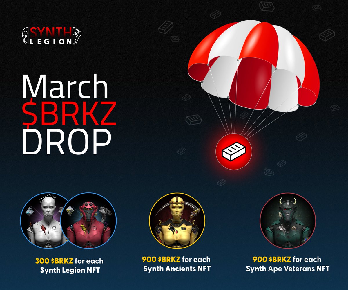 #MultiversX #MultiversXNFTs 

📣 Legion, our March $BRKZ 🧱 Airdrop will take place between March 24th-26th at a random time ⚡️

Only non-listed NFTs will be taken into account!

Make sure to delist your Legion, Ancients and Veterans NFTs to maximize your 🧱 drop amount!