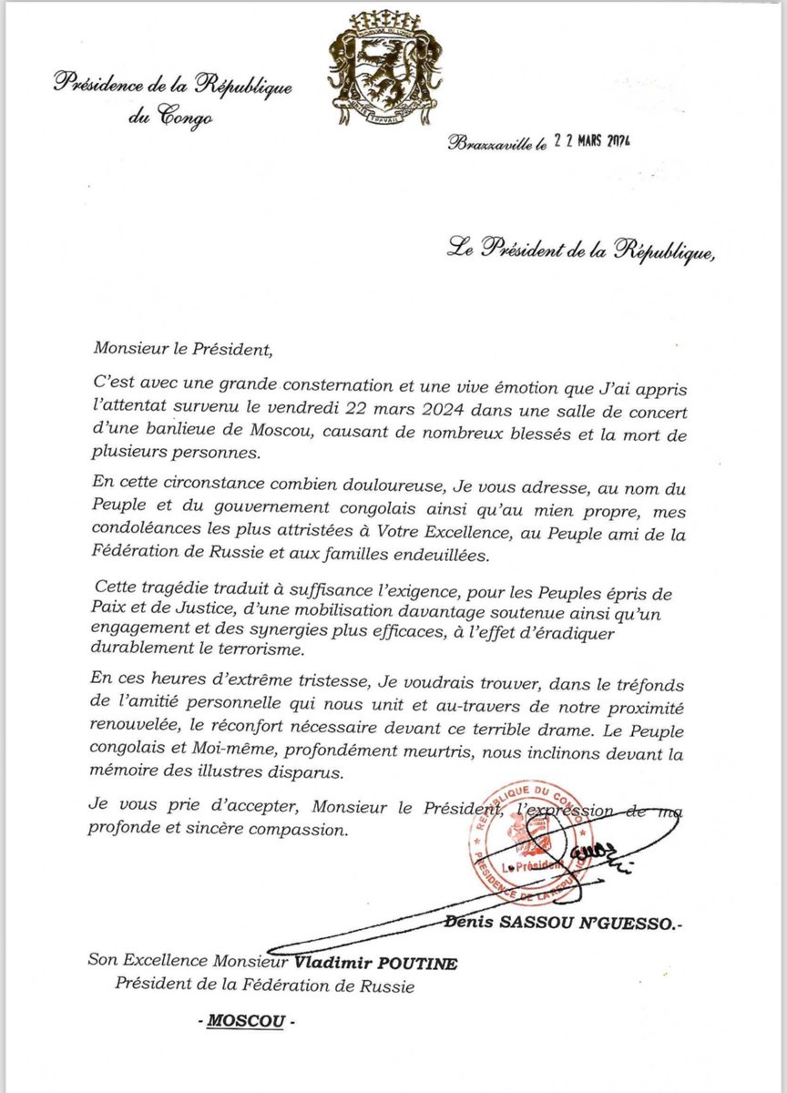 Message de condoléances du Président de la République, @SassouNGuesso_ , à son homologue russe , @VlaPoutine