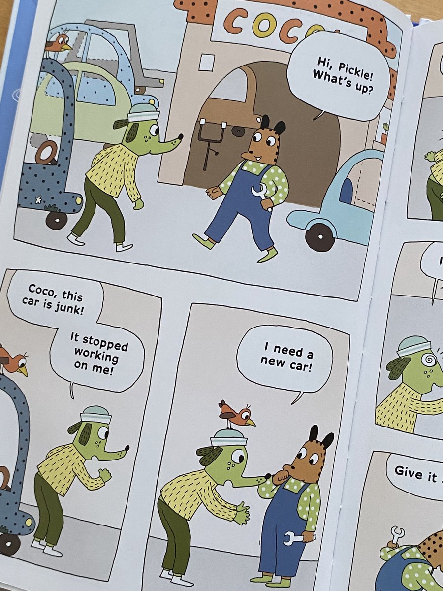 SylvieKant's tweet image. Introducing: PICKLE!  
A New Car for Pickle coming out in June.  Keep an eye out for a little green dog in need of a new car.  Or you could pre-order, why not?  
*
*
*
#EarlyReader  #Comics  #GraphicNovel  #Dog  #ILiketoReadComics  
@elawreads   @HolidayHouseBks