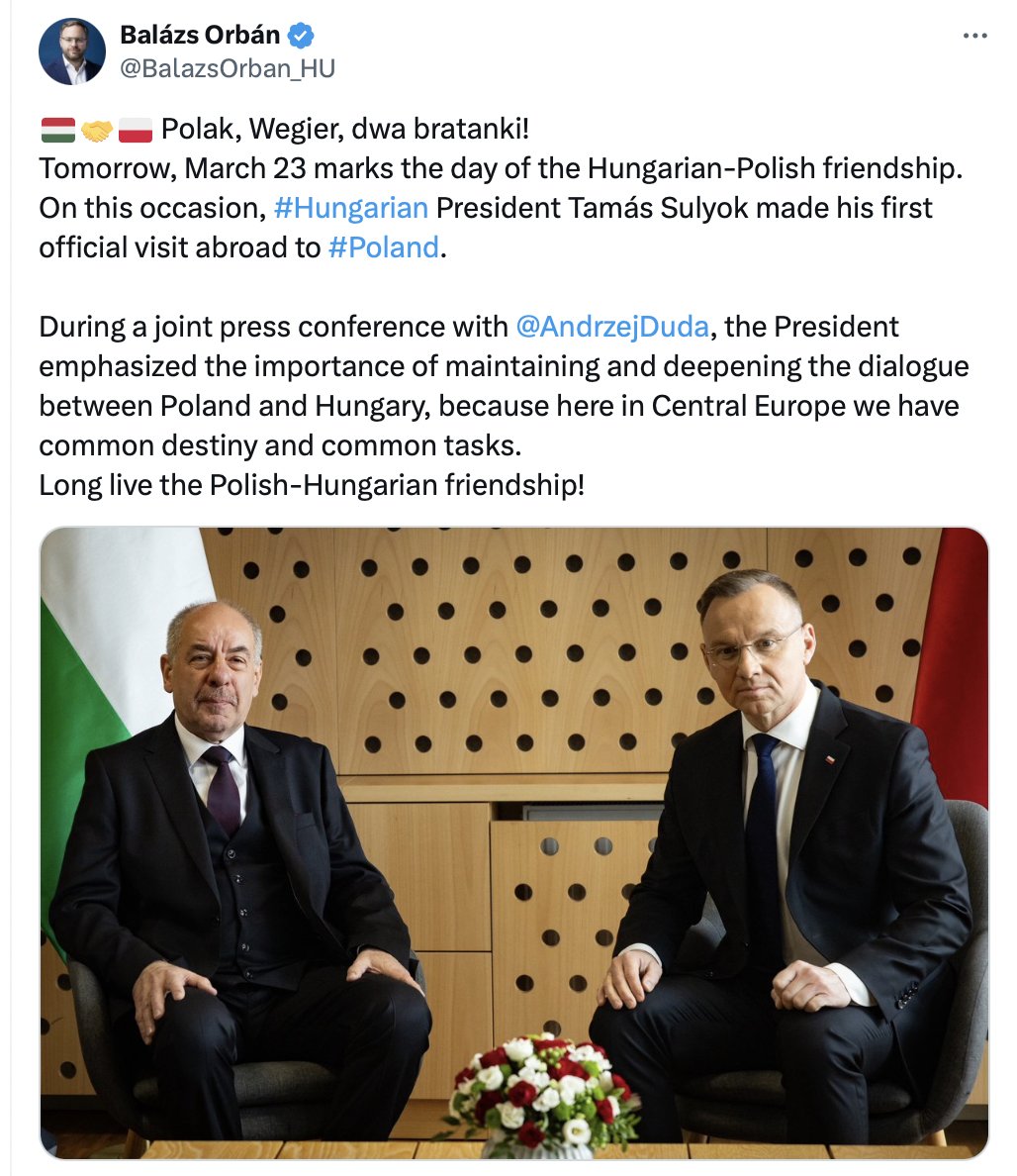 I have no idea who advised @AndrzejDuda that it'd be a good idea to host the new Hungarian president on his first official visit while Tamás Sulyok is currently embroiled in a scandal at home because he lied about his father's Nazi past. Sulyok claimed his father was unfairly…