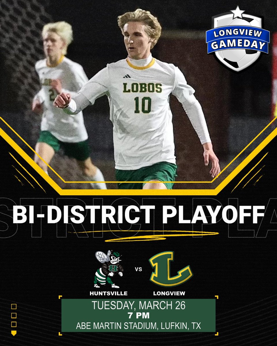 Lobo Soccer's historic season continues Tuesday Night in Lufkin.

The Bi-District Playoff vs Huntsville kicks off at 7 pm. Tickets are $5 for adults and $3 for students.