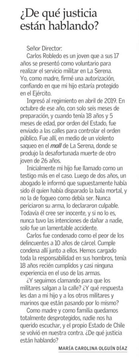 Presidente <a href="/GabrielBoric/">Gabriel Boric Font</a> debiera indultar al joven Carlos Robledo, injustamente condenado por cumplir su deber en resguardo del orden público durante el estallido. Dame un RT si estás de acuerdo