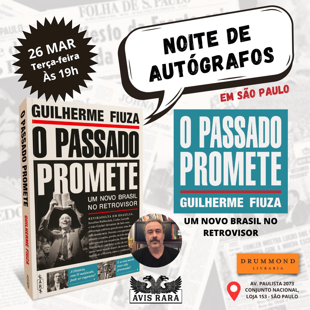 Dia 26/03, às 19h, o craque Guilherme Fiúza vai autografar seu novo livro em SP, na livraria Drummond, Conjunto Nacional, na Avenida Paulista.