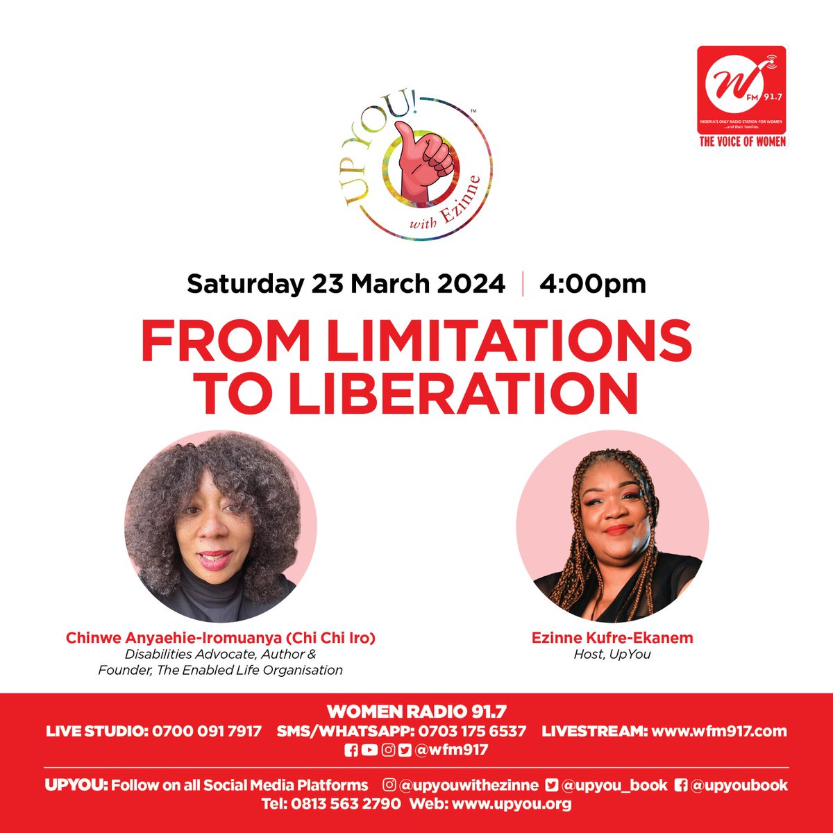 Join Ezienne Kufre-Ekanem and Chinwe Anyaehie-Iromuanya for @upyouwithezinne today at 4pm! Live stream: 0700 091 7917 Sms: 0703 175 6537 Livestream: wfm917.com