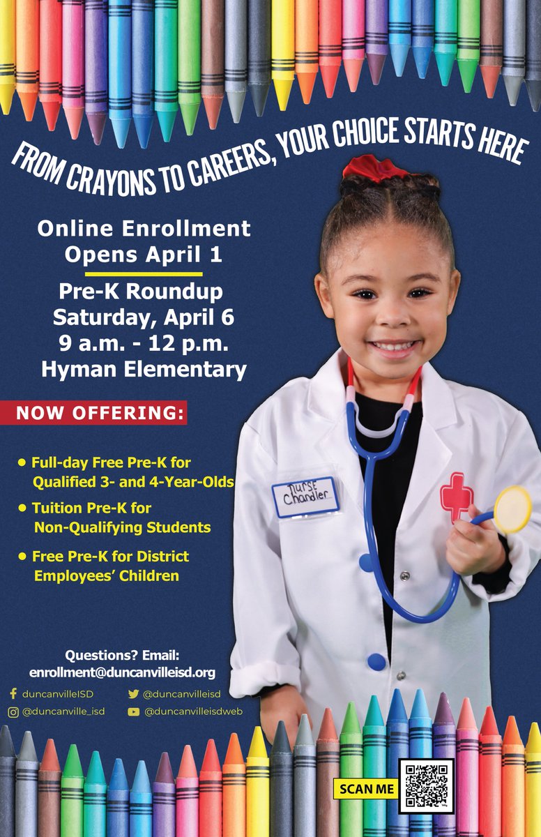 At Duncanville ISD, we are invested in our students from 🖍️ crayons to 💼 careers. Join us for our Pre-K Round Up event on April 6th at @HymanElem School! Registration begins April 1st. For more information, visit duncanvilleisd.org/parents/pre-k/…