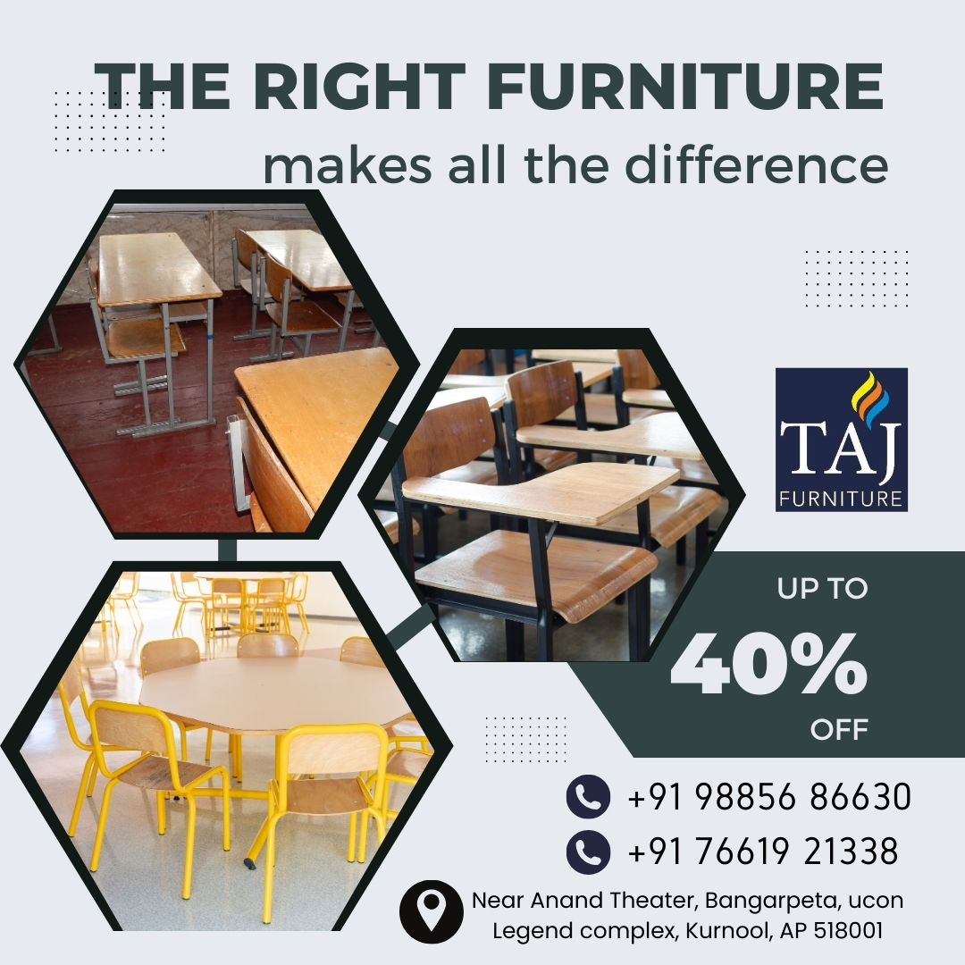 tajfurnitureknl's tweet image. The Right Furniture makes all the difference.
Contact Numbers : 9885686630, 7661921338.
Address: Near Anand Theater, Bangarpeta, ucon Legend Complex, Kurnool, AP-518001.
#studychairs #studentables #twoseaterdesks #singlebenches  #woodernworks #Tajfurniture #kurnool
