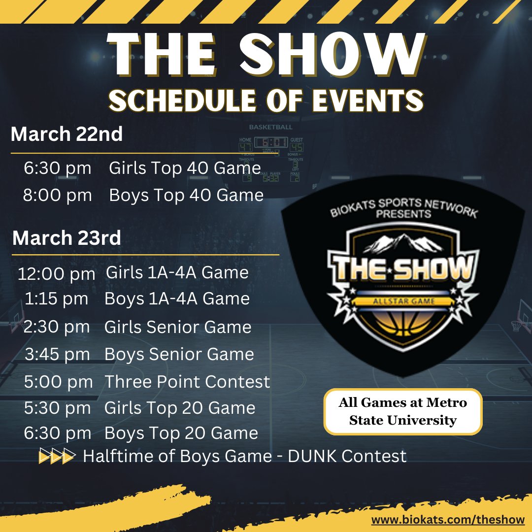 Schedule of Events for this weekends The Show Colorado Games!
Can't wait to showcase the best basketball talent in Colorado, including a 3 Point Contest and the Dunk Contest!