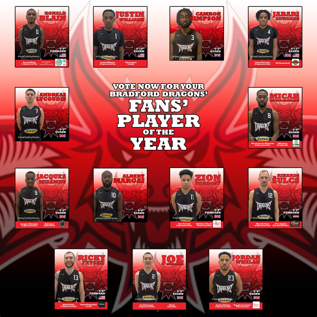 Vote for your Bradford Dragons' Fans' Player of the Year. Place your vote at bradforddragons.co.uk/fans-player-of… The vote closes at 9pm on Sunday 7th April. Conditions apply (see website). #BradfordDragons #Basketball #OneClubOneFamily #EndOfSeasonAwards #FansPlayerOfTheYear