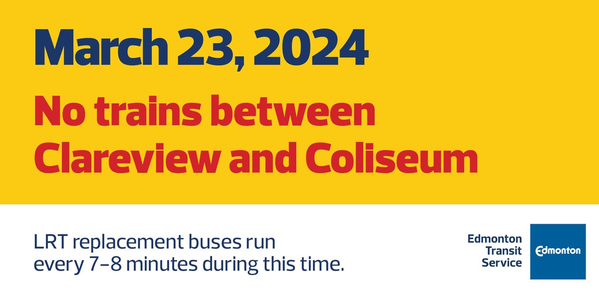 Reminder: There is no Capital Line service between Clareview and Coliseum LRT stations today. LRT replacement buses run approx. every 7 to 8 minutes. For bus stop locations, visit edmonton.ca/lrtreplacement… #YegTransit