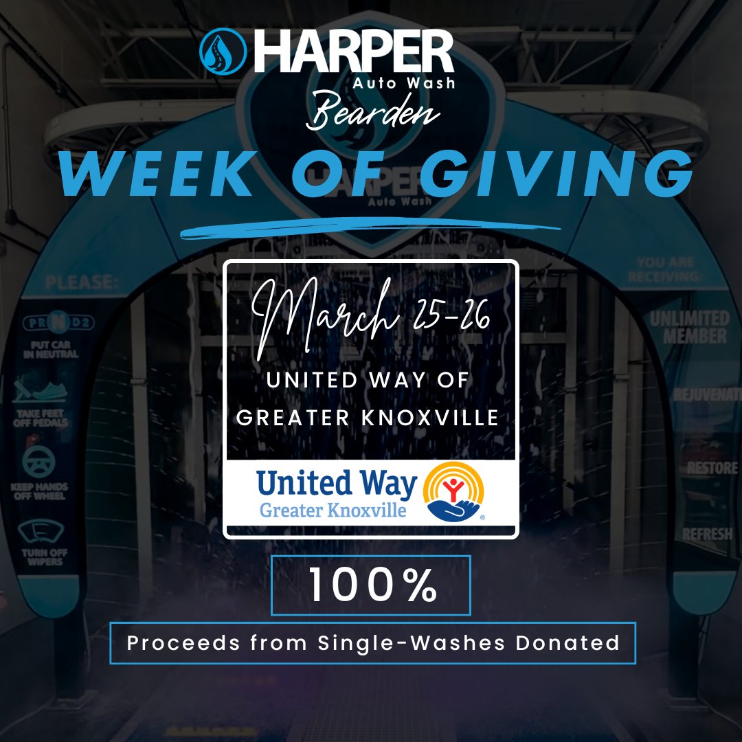 🚗✨Care for yourself and your community with a car wash on March 25-26! 🚗✨ Harper Auto Wash is generously donating 100% of their proceeds to United Way of Greater Knoxville at their new Bearden location on these two days. 📅 March 25-26 📍 6318 Deane Hill Drive