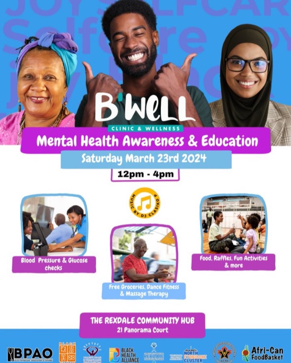 B'Well Event TODAY! 12-4pm Free Food, Activities, Screening Clinic, Music, Community Services, Raffles and so much more!!! Plus, participate in a presentation and get an additional PC Gift Card. @BlackHealthCAN @AfriCanFoodBskt @WHIWHCHC #Bwell #BlackMentalHealth