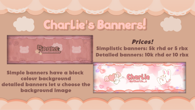 xChxrlie_x's tweet photo. Banner commissions!! sorry that the pic isnt great, also the examples are shown in the thread!
#bannercommissions #banners #banner #rbx #robux #roblox #rh #royalehighdiamonds #twitterbanners #twitterheaders #twitterheader #twitterbanner #robuxcommission #commission #royalehigh https://t.co/oJnfFqLvHQ