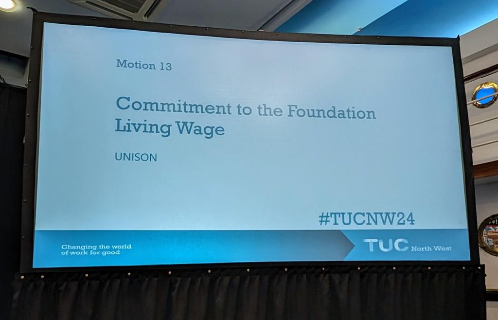 Moving the @NorthWestUNISON motion on Commitment to the Foundation Living Wage from @KnowsleyUnison is @Paula4N. We need to push forward the successes we've been involved in with our Care Worker campaigns and the city region Good Employment Charters. #TUCNW24
