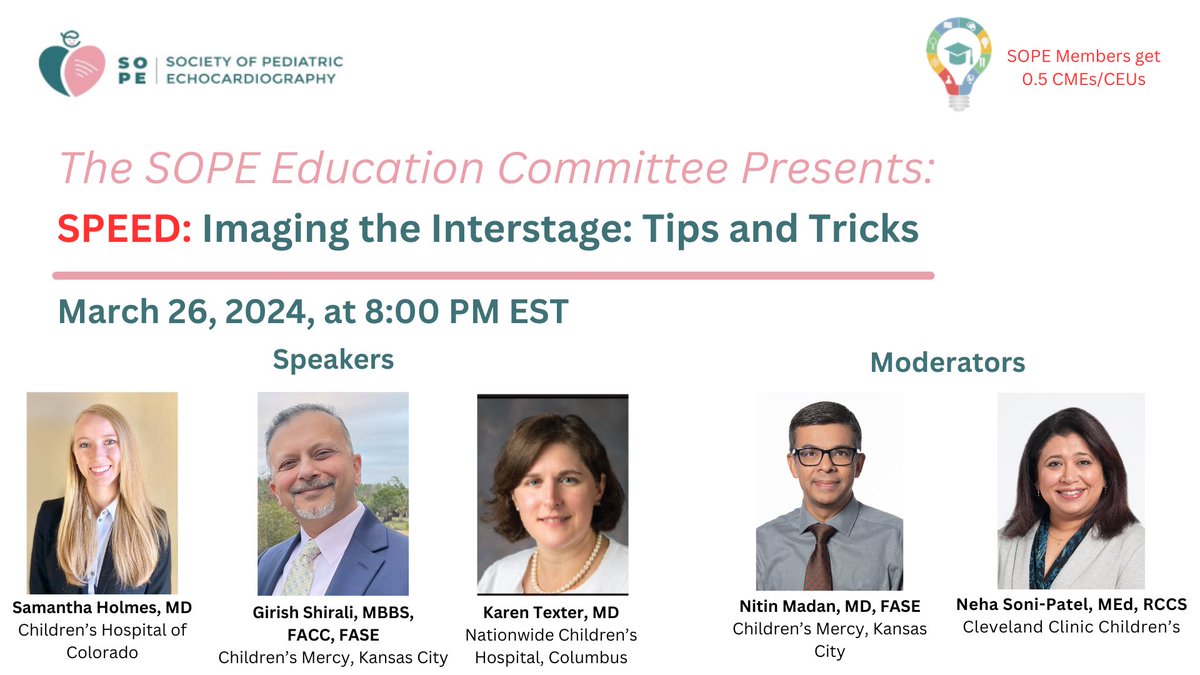 Join us this coming Tuesday for our March SPEED, “Imaging the Interstage” with Drs. Samantha Holmes, Girish Shirali, and Karen Texter. 🗓️Tues, March 26, 2024 ⏰: 5PM PT/8PM EST No cost. Members eligible for CEU credit. Register below: us06web.zoom.us/webinar/regist…