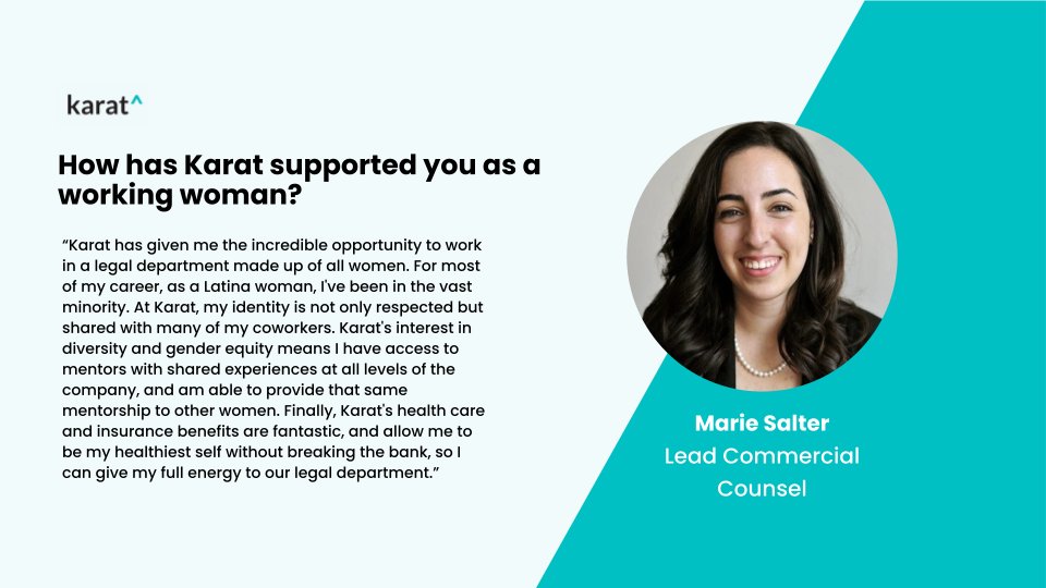 We’re proud to celebrate the Karateers who unlock opportunities in tech and around the world!✨ 🥕 Meet Marie, our lead commercial counsel, whose legal expertise aids with contract negotiation and touches every department at the company. #WomensHistoryMonth