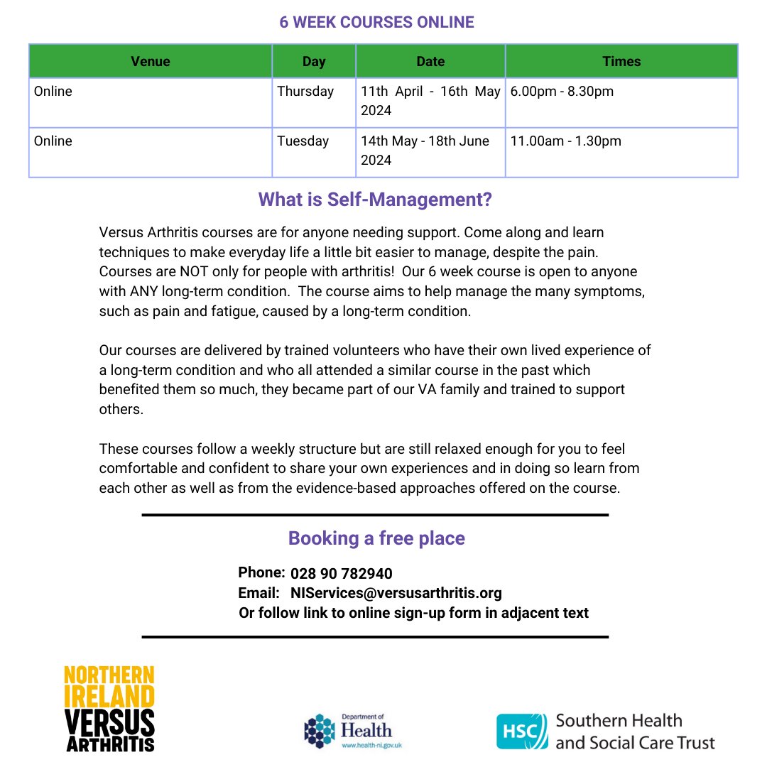 Our calendar for April to June self-management courses has now been released! These courses book up fast, so we encourage anyone interested to sign up soon via the following methods: Phone: 02890 782940 Email: NIServices@versusarthritis.org Online form: bit.ly/4a2DZIp