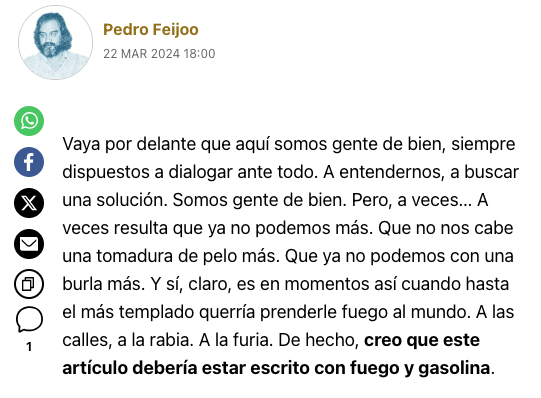 El 'Haciendo amigos' de mañana en @Farodevigo tal vez me traiga algún que otro problema. Pero, sinceramente, a veces la burla es tan evidente que, al final, todo te importa un huevo. A veces, lo primero es alzar la voz. Y luego... Luego ya veremos. farodevigo.es/estela/2024/03…