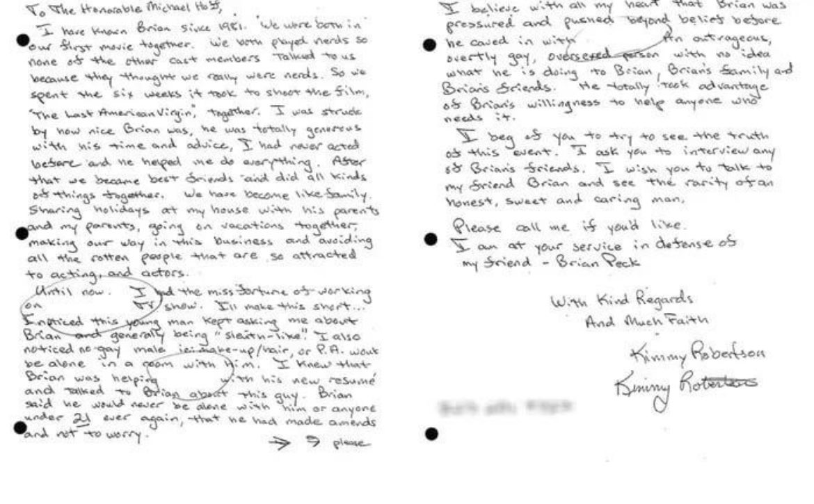 Kimmy Robertson who wrote a letter in defence of Brian Peck in 2004 has been hanging out with Brian Peck in 2018 and 2021 AFTER he’s a convicted sex offender. She also guest starred on one episode of Drake & Josh. At this point Brian plead guilty and she wrote a letter.