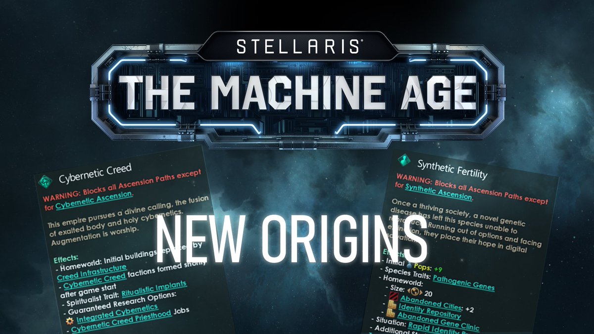 Three brand new Origins will be introduced in The Machine Age, find out more about two of them: Synthetic Fertility and The Cybernetic Creed! 📽️ Join Content Developer Haig, a.k.a. 'Gatekeeper', to learn more: youtu.be/n2Hod1tb3Z0