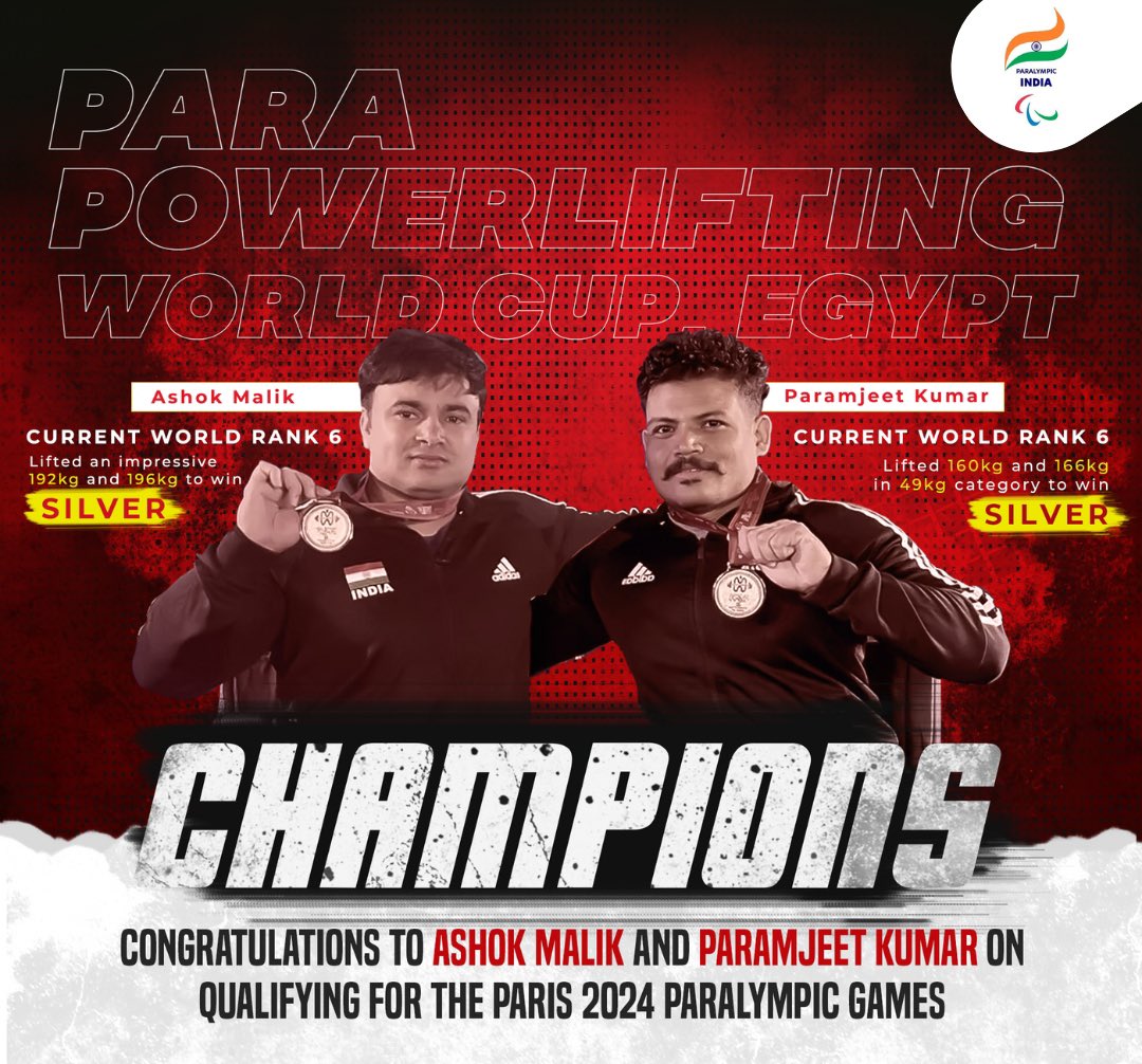 Para Powerlifters shine in Sharm-El-Sheikh🇪🇬 & qualify for Paris 2024 Paralympic Games Ashok Malik, supported by @SBI_FOUNDATION , bagged🥈with a new personal best of 196kg in the Men’s up to 65kg Paramajeet Kumar wins🥈 in the Men’s upto 49kg, with a personal best of 166kgs