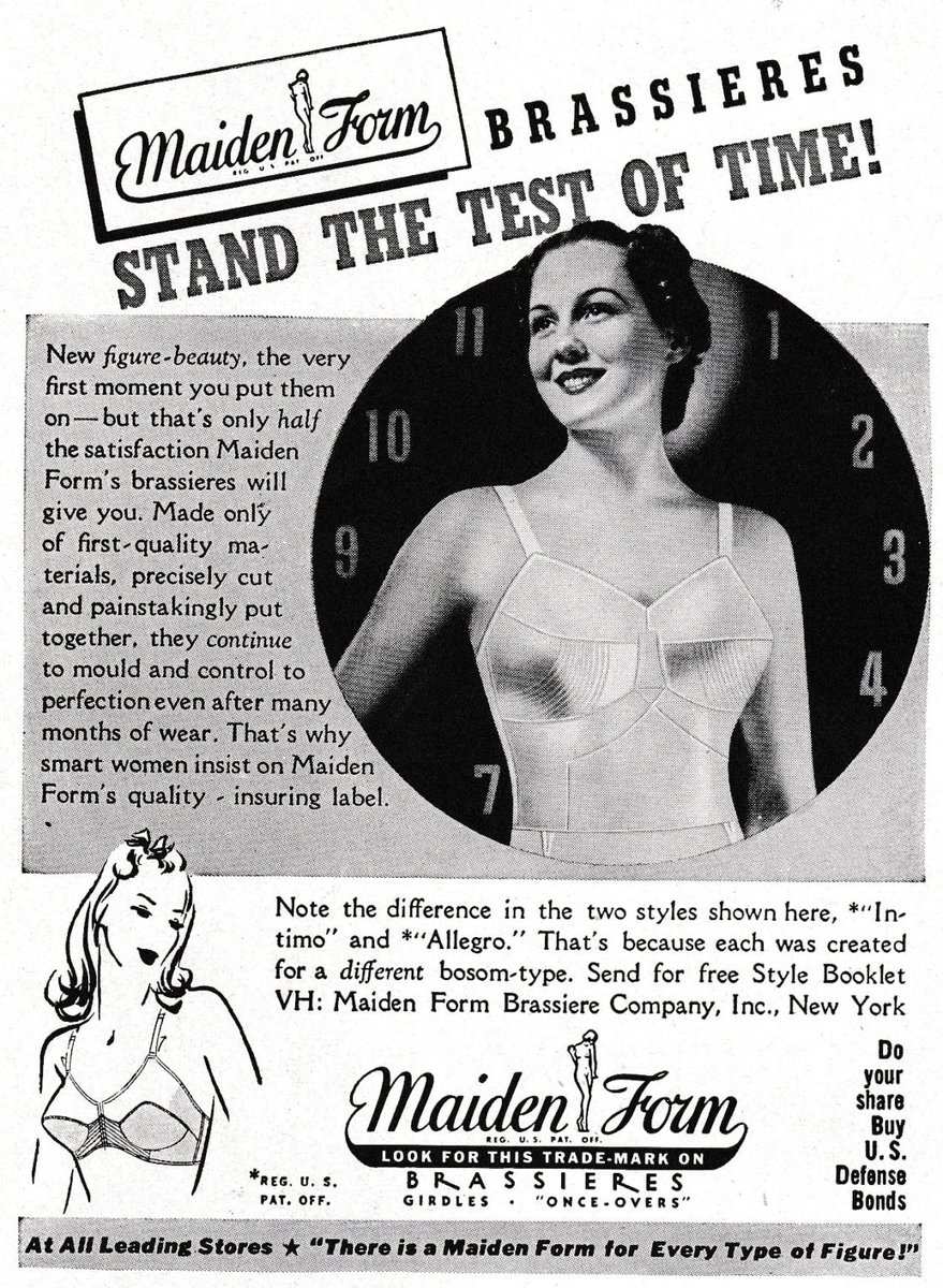 New to our digital collection, this 1942 advertisement for Maidenform brassieres boasts that they “stand the test of time!” Explore this piece in further detail on our website: underpinningsmuseum.com/museum-collect… #underpinningsmuseum #fashionhistory #vintagefashion #1940sfashion