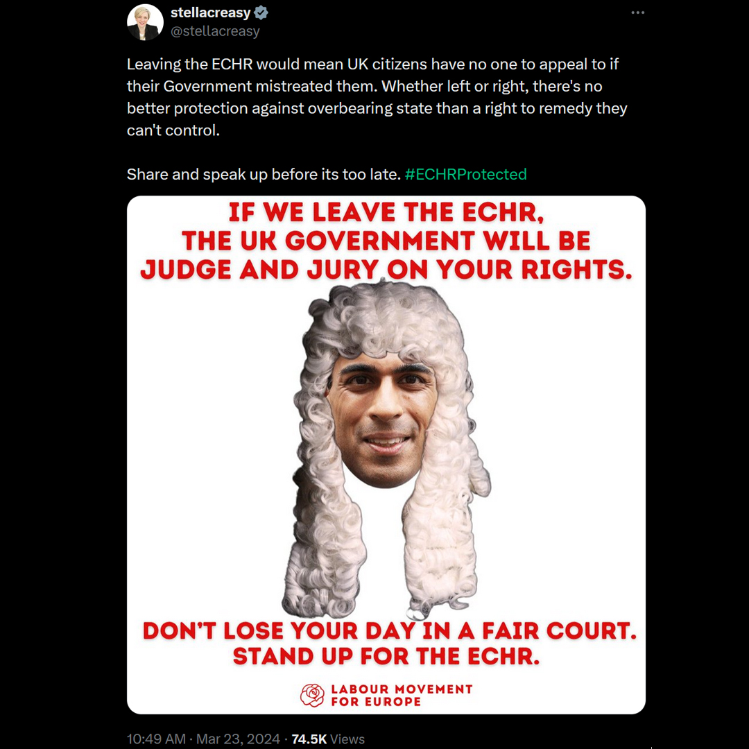 There’s “no better protection against an overbearing state” than a supranational court of majority foreign judges you can’t vote out. Work that one out… Once again, Labour expresses a total lack of belief in Britain to run herself as a sovereign, independent nation.