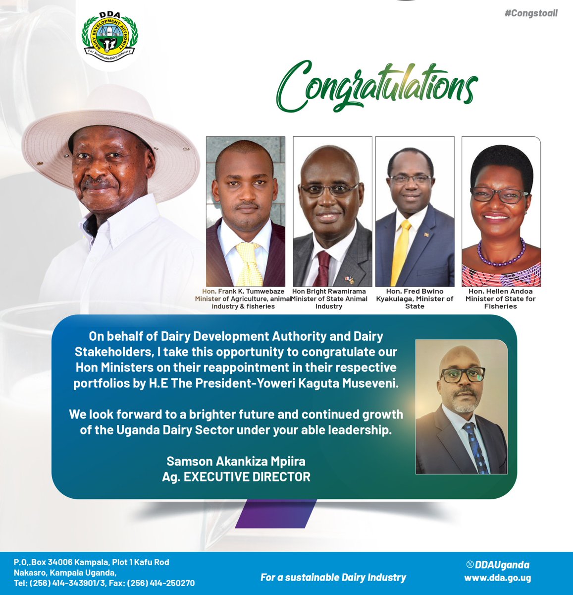 Congratulations our Hon. Ministers @FrankTumwebazek @DrRwamiramaBK @FredBwino on your reappointment by H.E @KagutaMuseveni in your respective capacities from @SandraMwebaze1 @MpiiraSamson @DDAUganda 👏