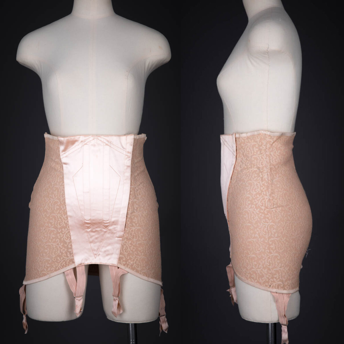 New to our digital collection, this c. 1950s quilted satin and embroidered stretch tulle girdle is typical of undergarments of that decade, providing a smooth base and a nipped-in waist to suit the fashionable hourglass silhouette. underpinningsmuseum.com/museum-collect…