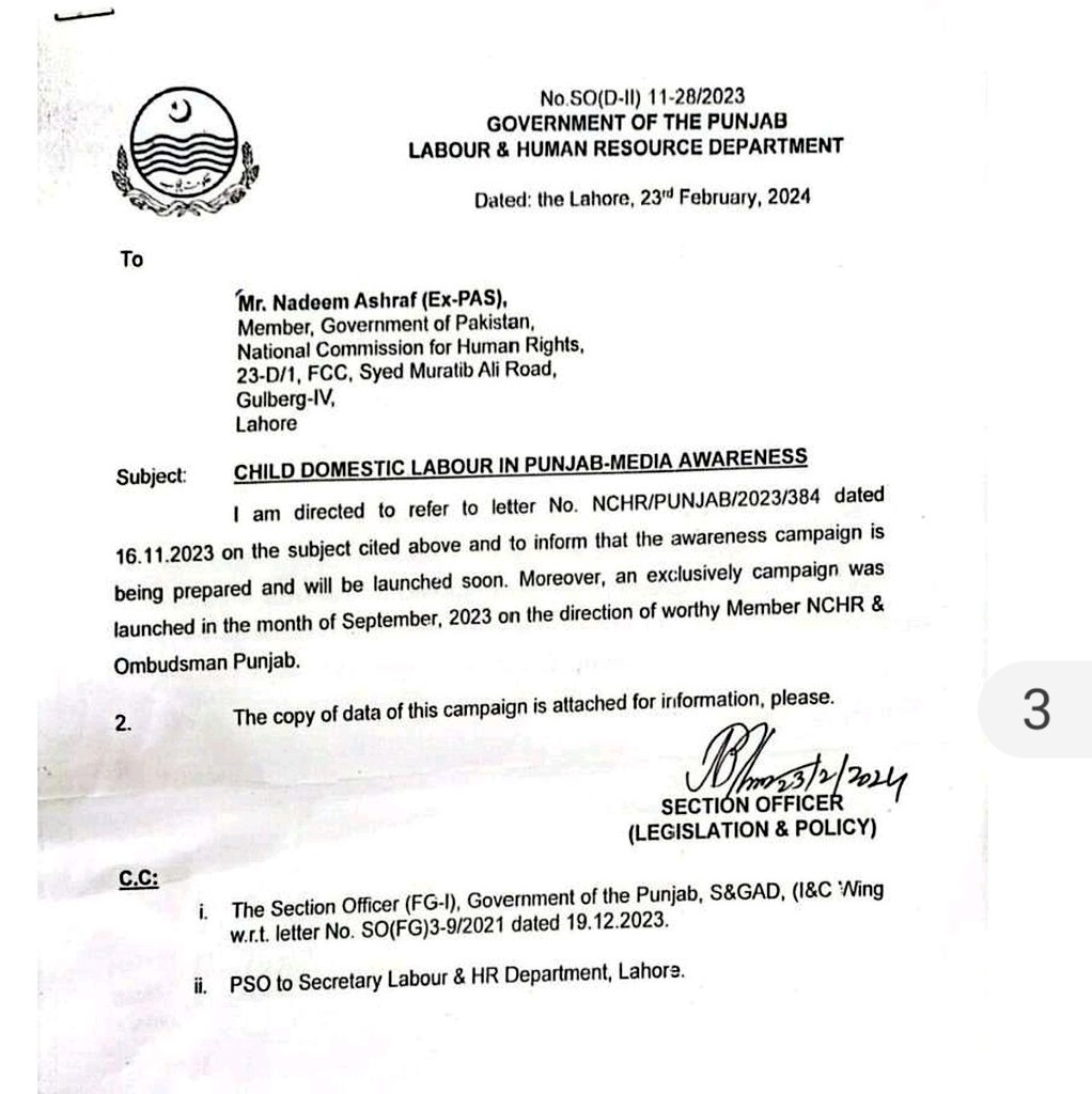 On @nchrofficial's referral to Chief Secretary Punjab for a media awareness campaign against domestic child labor, Labor Dept has responded affirmatively. A crucial step towards raising awareness & combating this issue effectively. @UNICEF_Pakistan @NadeemAshraf042 @RabiyaJaveri