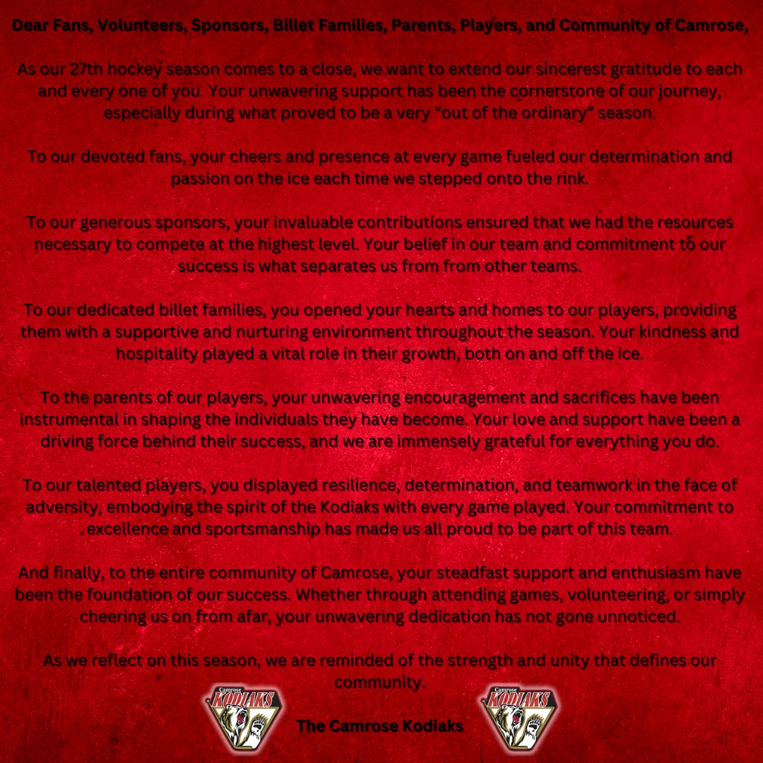 As a community owned team that has completed their 27th season,  the Camrose Sport Development Society and the Camrose Kodiaks THANK EVERYONE who makes this come together!! #thankyou #hockey #playoffs 

<a href="/CityofCamrose/">City of Camrose</a> <a href="/TheAJHL/">TheAJHL</a>