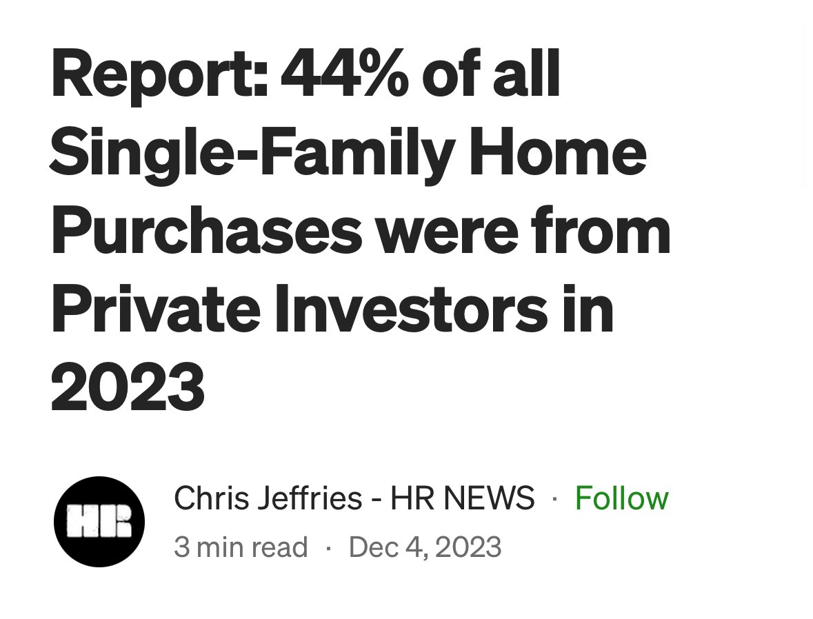 QasimRashid's tweet image. 1—Billionaire wealth up 88% since 2020

2—Private investors bought 44% of homes in 2023

3—Families must earn 80% more in 2024 than in 2020 to buy a home 

4—Chronic homelessness at all time high

Stop this man made atrocity. Tax Billionaires. Protect Housing. Save Working People