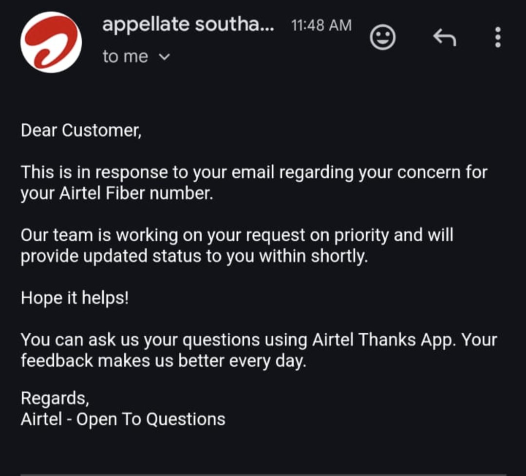 asker_92's tweet photo. Againa and again @airtelindia @Airtel_Presence shows how poor service they are providing so far. Sending an escalation mail on 21-Mar. Received a reply like our team i working on priority and will be resolved shortly. So far two days gone not even getting a single call/sms https://t.co/xnmVJTVbTF