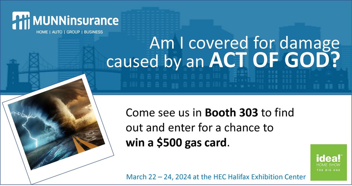 MunnInsurance's tweet image. 🌩️🏡 Curious about home insurance? Visit the fine folks at Munn Insurance in Booth 303 at the Nova Scotia Spring Ideal Home Show! Find out what acts of God really mean in the insurance world and enter for a chance to win a $500 gas gift card! 🏠✨