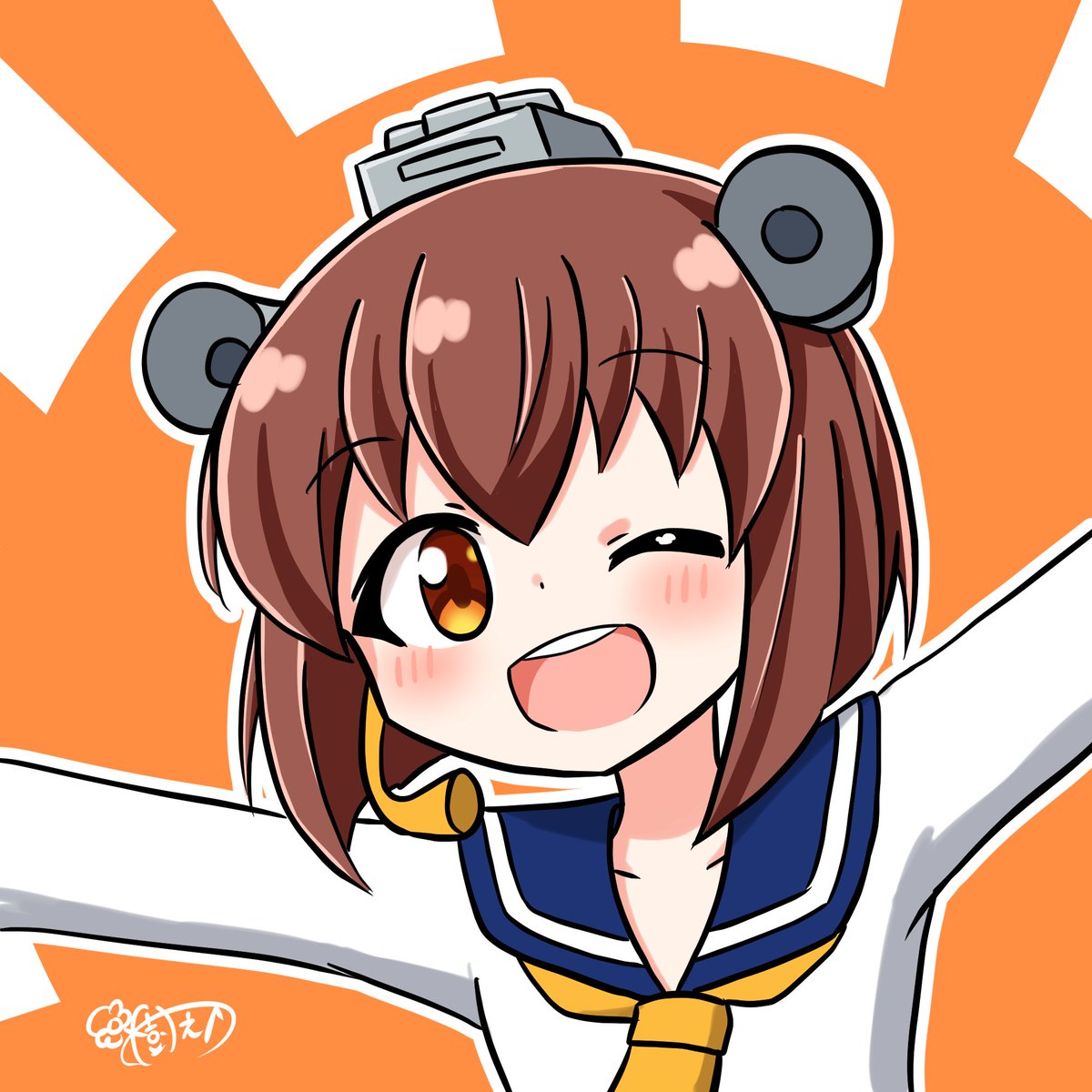 yukikaze (kancolle) 1girl solo looking at viewer smile open mouth short hair brown hair  illustration images