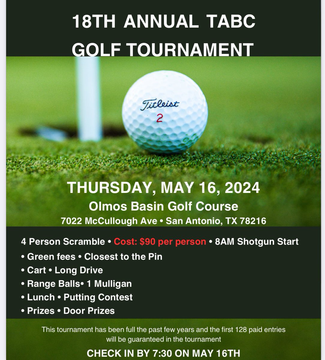 ⛳️ Fore! ⛳️ Join us May 16 for the 18th Annual TABC Golf Tournament in San Antonio. Space is limited. Register today! tabchoops.org/wp-content/upl…