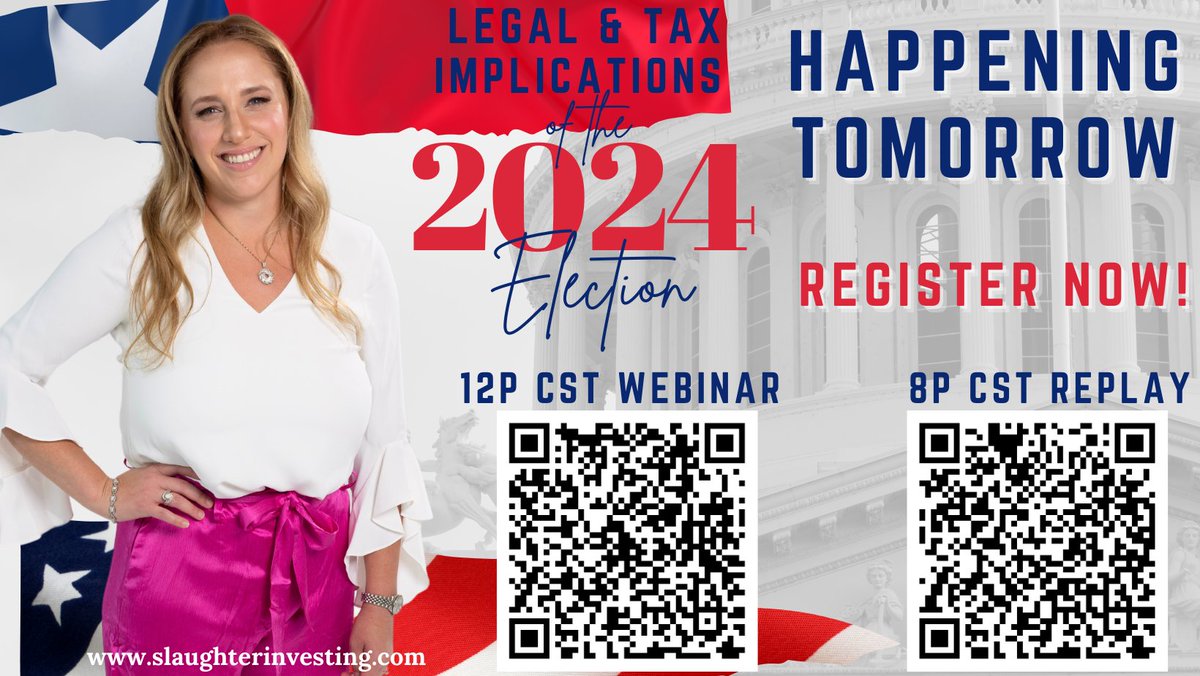 HAPPENING TOMORROW: Let Slaughter Investing level the 2024 election landscape for you!  

REGISTER, 12 p: attendee.gotowebinar.com/register/61928…
REGISTER, 8p: register.gotowebinar.com/register/49066…

#2024Election #RealEstateInvesting #InvestmentWebinar #ElectionImpact #RealEstateOutlook #PoliticalImpact