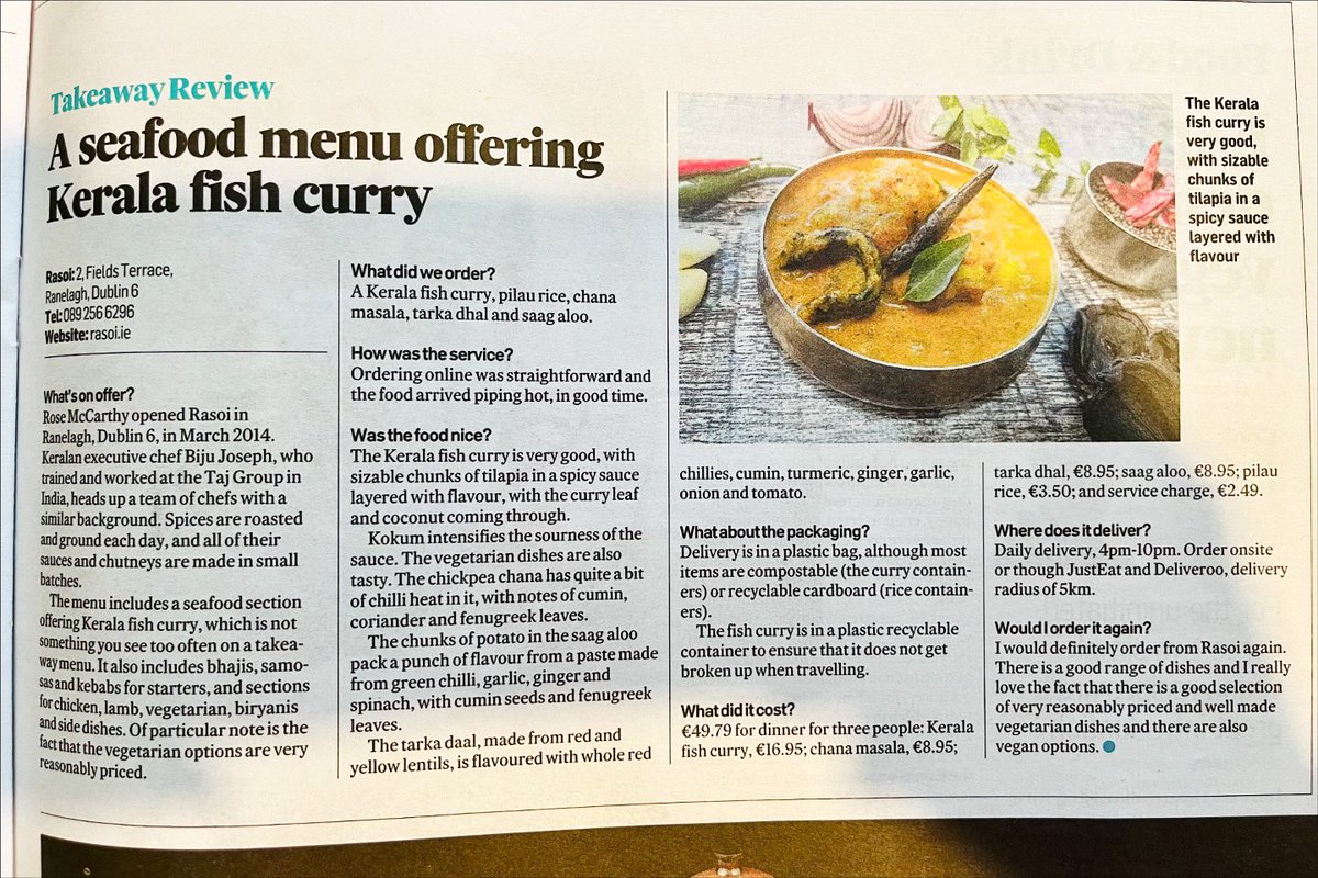 Thank you so much for the review today @CorinaHardgrave @mcdigby @IrishTimesMag We are all delighted & so glad you enjoyed the food. #ranelagh #indianfood #indiantakeaway #teamrasoi #vegetarianfood #foodlovers